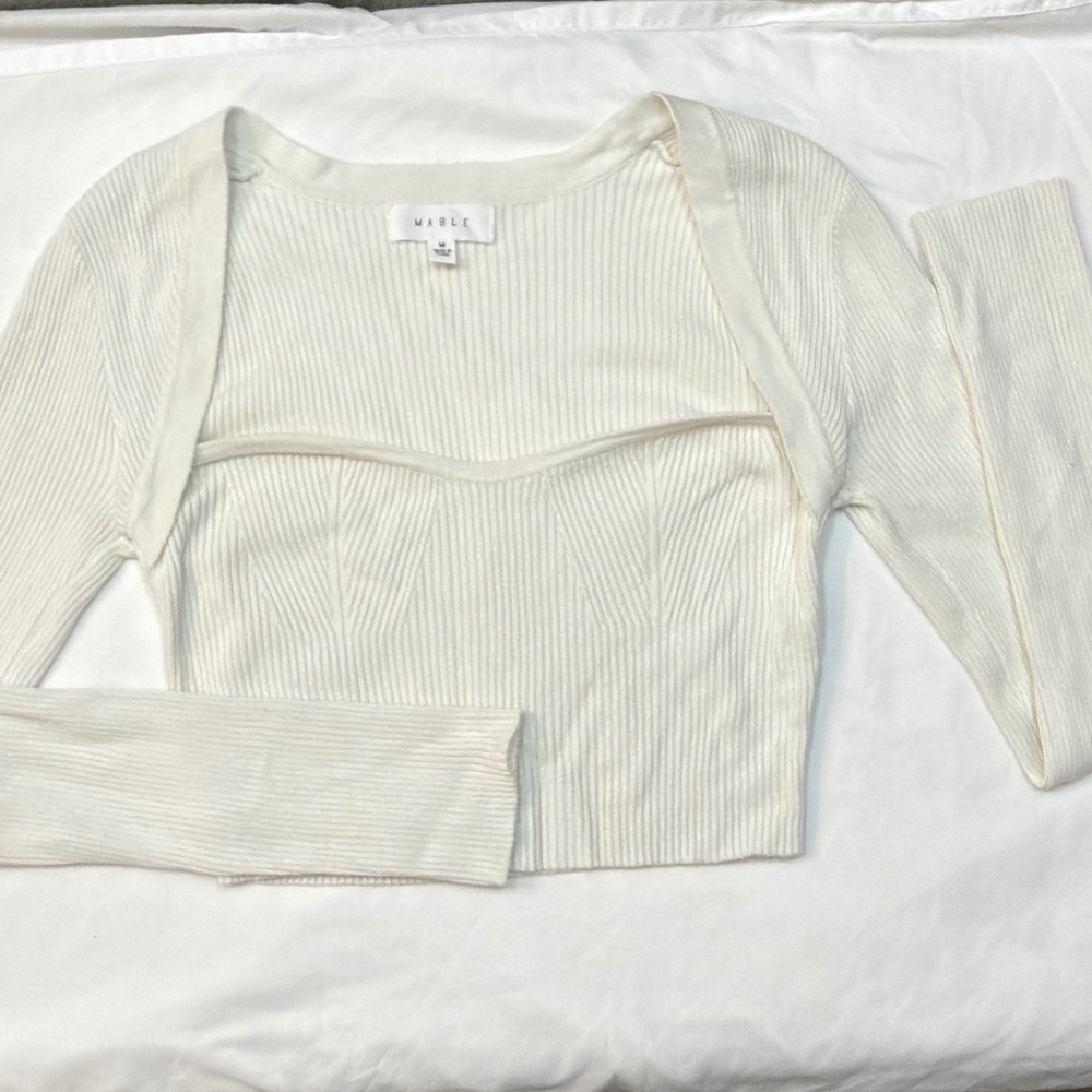 Mable Bolero Knit Crop Top Medium White Ribbed Sweetheart